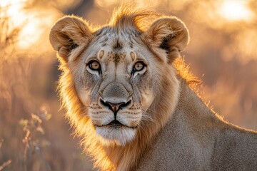Poster - Majestic lion portrait with glowing golden mane in warm sunset light revealing a serene expression. Generative AI