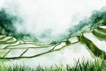 Leinwandbilder - Vibrant hand painted watercolor of lush flooded rice terraces in a misty mountainous landscape. Generative AI