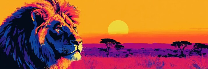 Aufkleber - Vibrant pop art lion portrait against a colorful savanna sunset with space for custom text. Generative AI