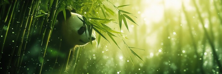 Poster - Panda enjoys peaceful moments in a vibrant bamboo forest with serene sunlight filtering through the leaves. Generative AI
