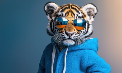 Wall Mural - Cute tiger wearing sunglasses. AI.