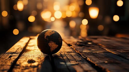 Wall Mural - Small globe on rustic wooden table at sunset with blurred city lights background.