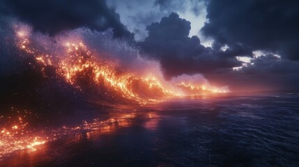 Poster - Fiery Waves Crashing Under a Dark Sky