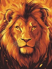 Poster - Regal lion portrait with golden mane glowing in sunset light for creative design and artistic inspiration. Generative AI