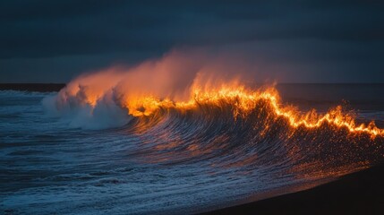 Wall Mural - Fiery Ocean Wave at Sunset Dramatic Seascape