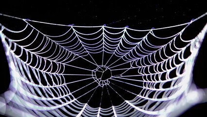 Luminous spider web creates a mesmerizing pattern against a dark backdrop, its delicate threads glowing with an ethereal light, showcasing the intricate architecture of nature