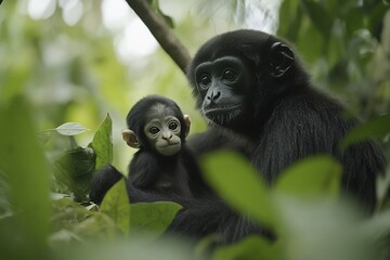 Poster - Mother chimpanzee cradles her infant in lush rainforest foliage.