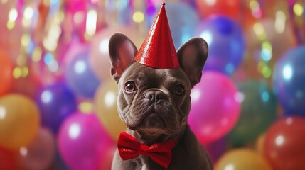 Wall Mural - French Bulldog puppy wearing a party hat and bow tie amidst colorful balloons.