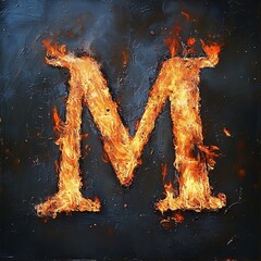 Aufkleber - Dramatic and powerful visual of the letter m engulfed in bright orange and yellow flames against a dark grunge background