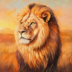 Poster - Regal lion portrait with glowing golden mane illuminated by sunset light, ideal for text overlay background. Generative AI