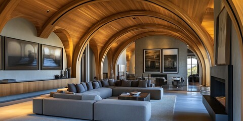 Poster - Luxurious living room with vaulted wood ceilings, large sectional sofa, and modern artwork.