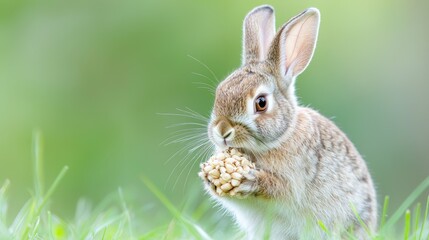 Wall Mural - Cute rabbit eating pellets in green grass