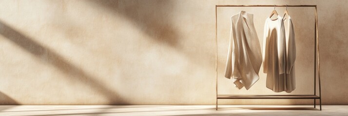 Poster - Minimalist clothing rack showcases neatly arranged garments in a serene interior setting during daylight hours. Generative AI