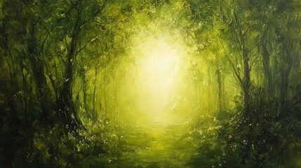 Wall Mural - A serene, green forest scene illuminated by a soft, glowing light in the center, creating a sense of tranquility and nature's beauty.