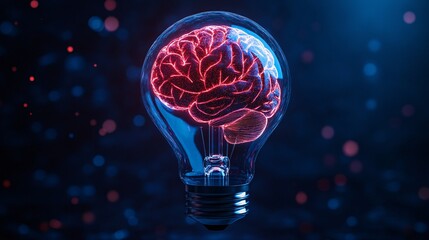Poster - Luminous red brain suspended within a lightbulb against a dark backdrop with bokeh