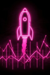 Aufkleber - Pink neon rocket ship flying over increasing charts with a black background