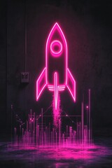 Aufkleber - Neon rocket is launching over glowing financial charts, symbolizing business growth and success