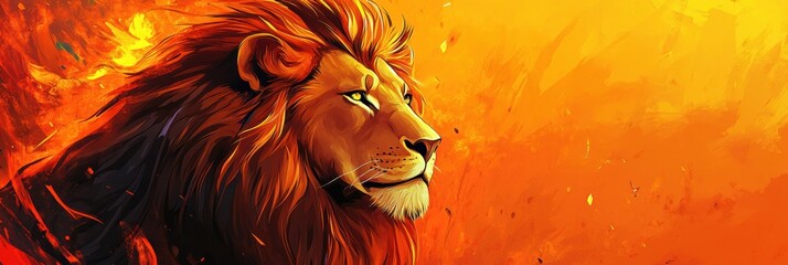 Poster - Regal lion portrait with glowing golden mane in warm sunset light showcasing natural beauty and majesty. Generative AI