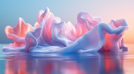 Wall Mural - A dreamy, abstract formation resembling colorful clouds or icebergs, gently resting on a tranquil surface with soft pastel hues.