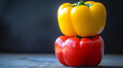 Poster - Two bell peppers stacked, kitchen table, dark background, food photography