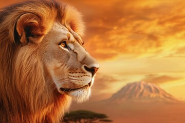 Poster - Regal lion portrait with a glowing mane captured in sunset light against a majestic mountain backdrop. Generative AI