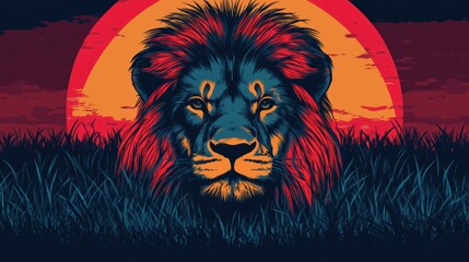 Aufkleber - Vibrant pop art lion portrait against a bold savanna sunset backdrop with space for personalized text. Generative AI