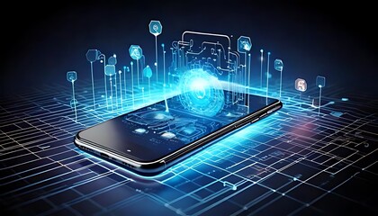 a smartphone displays a futuristic, glowing, blue, technology interface, with complex designs and co