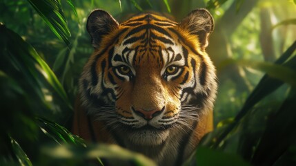 Aufkleber - Majestic tiger with intense gaze among lush jungle foliage capturing the essence of the wild in vivid detail. Generative AI