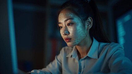 Young woman programmer working late at night, her face illuminated by computer code.