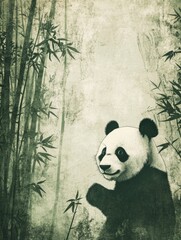 Poster - Panda enjoying a serene moment in a lush bamboo forest with space for personalized text. Generative AI