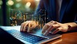 © MRSUTIN - Hands use laptop, interactive data graphs overlayed, facilitating business intelligence, data analysis.