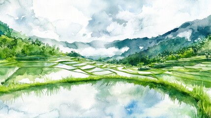 Fototapete - Vibrant hand painted watercolor of flooded rice terraces under soft clouds in a serene landscape. Generative AI