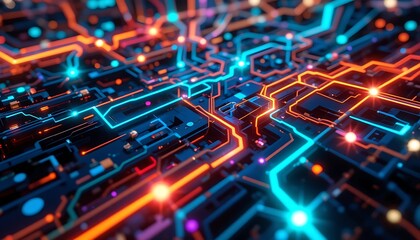 Wall Mural - detailed circuit board close-up with glowing orange and blue pathways