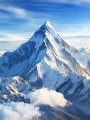 Poster - Majestic mountain range under soft clouds with bright blue sky and blank space for peaceful reflection. Generative AI