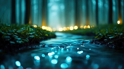 Poster - Glow forest concept. A serene stream flows through a mystical forest, illuminated by ambient glowing lights.