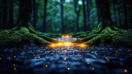 Poster - Glow forest idea. Magical forest scene with glowing lights illuminating mossy tree roots.