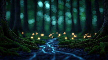 Poster - Glow forest idea. A serene forest scene illuminated by glowing lights amidst lush green foliage.