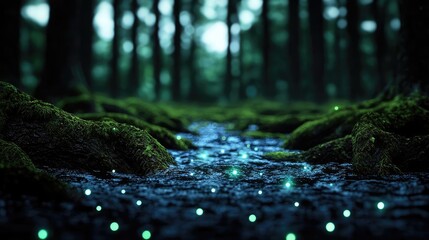 Poster - Glow forest idea. Enchanting forest scene with soft glowing lights reflecting on a serene stream.