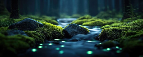 Poster - Glow forest idea. A serene forest stream flowing over moss-covered rocks, illuminated by gentle light.