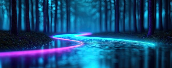 Poster - Glow forest idea. A vibrant and surreal scene of illuminated river winding through a dark forest.