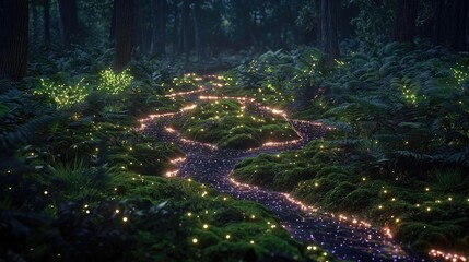Poster - Glow forest concept. A magical forest pathway illuminated by glowing lights and lush greenery at night.