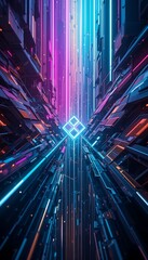 Wall Mural - futuristic cityscape with neon lights and central luminous cube