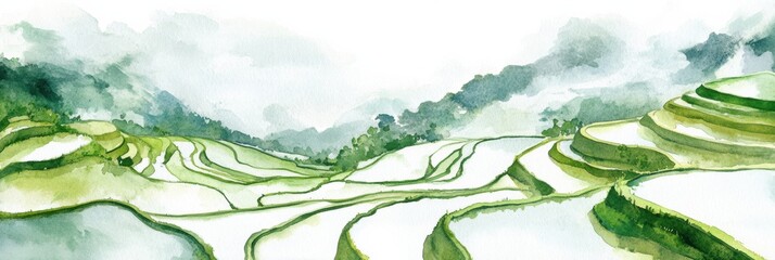 Poster - Vibrant hand painted watercolor of rice terraces during a tranquil flood season in lush green landscape. Generative AI