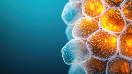 Wall Mural - marine life microscopic idea. close-up view of glowing cell structures under a microscope with vibra