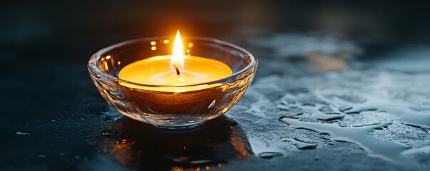 Poster - Solitary candle glows in a glass container on a wet surface, setting a warm and intimate mood