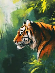 Poster - Impressionist tiger portrait amidst vibrant jungle foliage with space for your personalized text. Generative AI