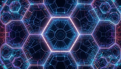 Wall Mural - hexagon grid technology abstract glowing blue and pink cyberpunk illustration