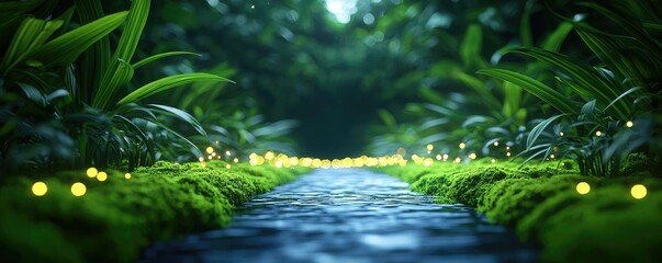 Poster - Glow forest concept. A tranquil river surrounded by lush greenery and glowing lights in the forest.