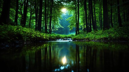 Poster - Glow forest idea. A serene forest scene reflecting nature's beauty with lush greenery and tranquil water.