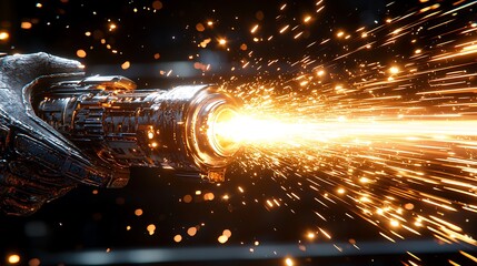 Wall Mural - futuristic weapon firing, sparks, dark background, sci-fi concept art, ideal for video game or film.